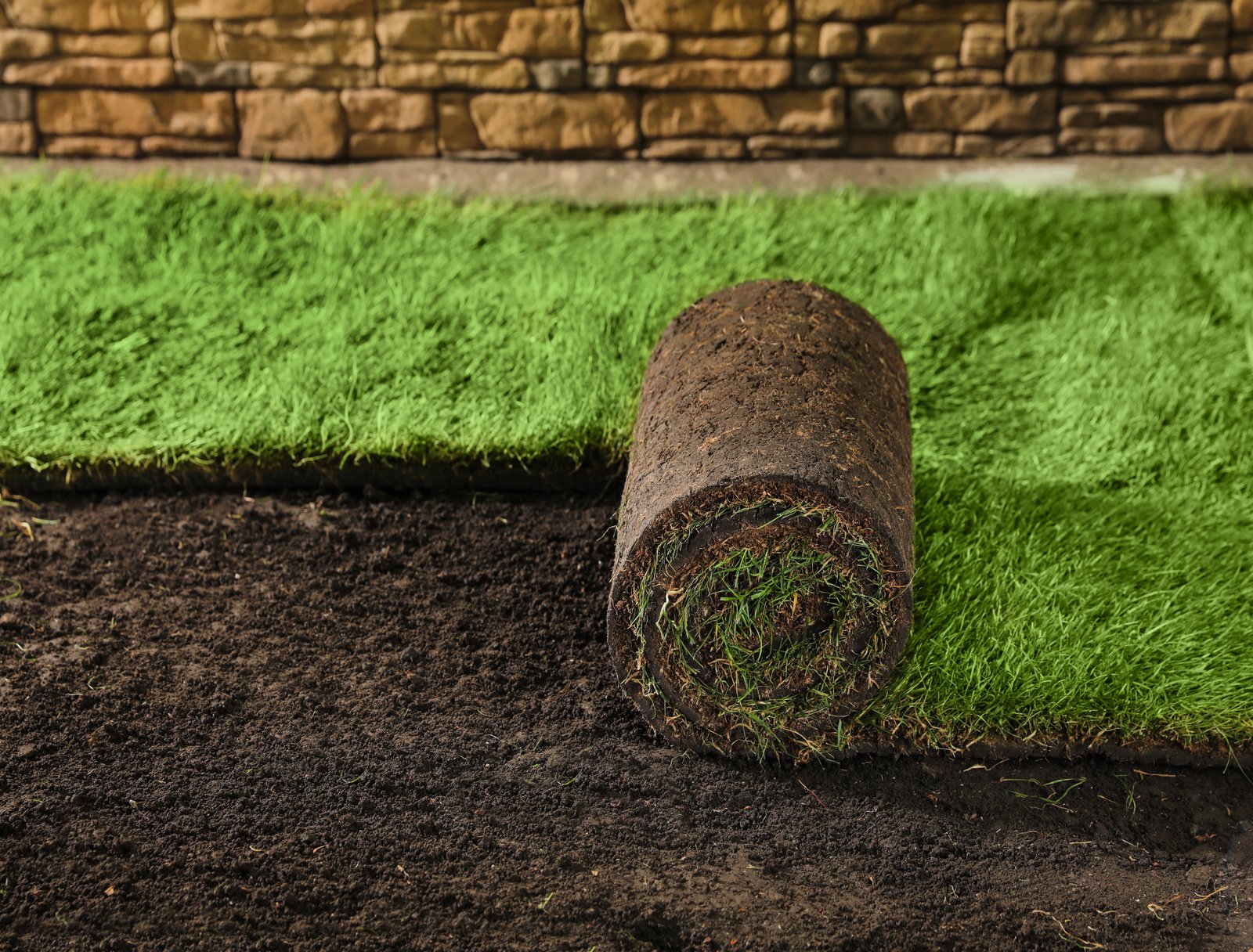 Laying grass sods at backyard. Home landscaping